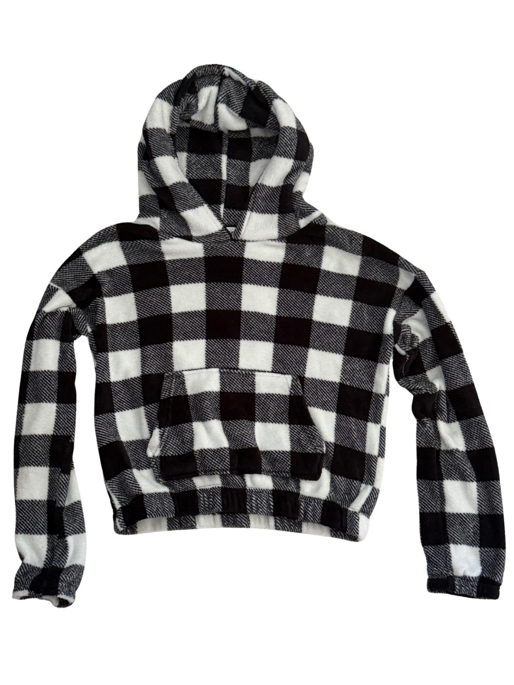 Weekend Edition M Black White Buffalo Plaid Fuzzy Sherpa Hoodie